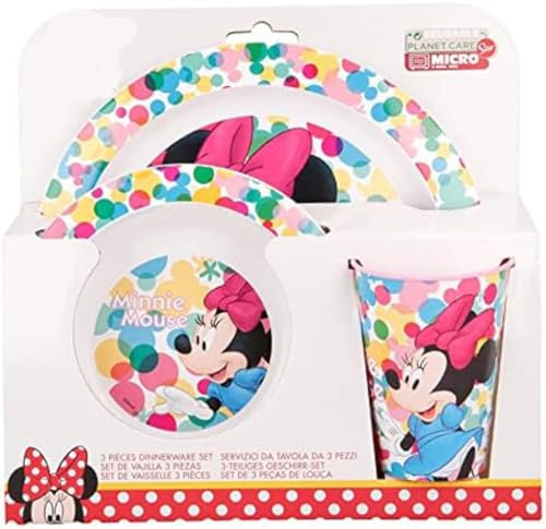 Microwave Safe 3pcs Character Animation Cartoon Dinner Tableware Set Plate, Bowl & Cup, BPA Free re-usable Plastic (Minnie Mouse)