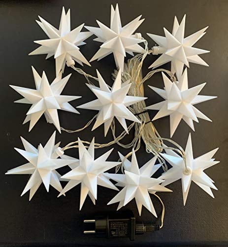 3D LED 10 Sterne Sternenkette Lichterkette mit Sternen 12cm Weihnachtsstern Außenstern wetterfest für außen und innen 7.5m Kabel (weiß)