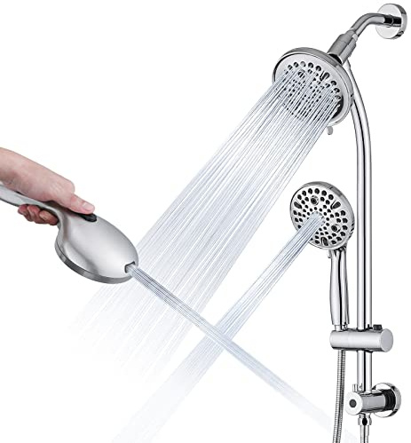 UCLIMAA Rainfall Shower Head with Handheld Shower Spray, with 26 Drill Free Adjustable Height Slider Bar, High Pressure Dual Shower Head Combo, 3-Way Diverter for Easy Reach, 5Ft Hose - Chrome Finish
