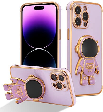 RALEAVO Compatible with iPhone 14 Pro (6.1) Case with Cute Astronaut Kickstand Design Shockproof Plating Phone Case for iPhone 14 Pro-Purple