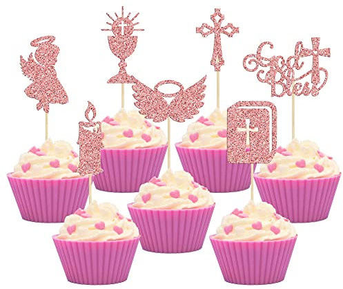 Gyufise 28Pcs God Bless Cupcake Toppers Rose Gold Glitter Girls Baptism Cupcake Toppers Angel Chalice Bible Cross Cake Decorations Christian Baptism Theme Baby Shower Party Cake Decor Supplies