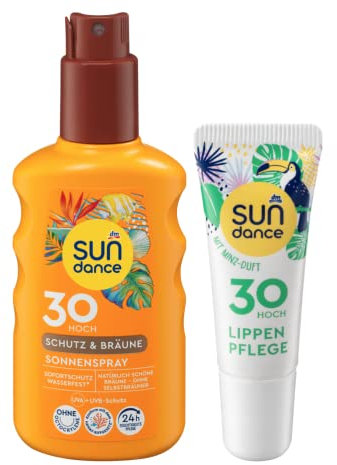 SUNDANCE 2er-Set Sonnenschutz: Sonnenspray SCHUTZ & BRÄUNE ohne Selbstbräuner 24h Feuchtigkeitspflege, UVA/UVB-Schutz ohne Octocrylene LSF 30 (200 ml) + Lippenpflege MINZE LSF 30 (10 ml), 210 ml