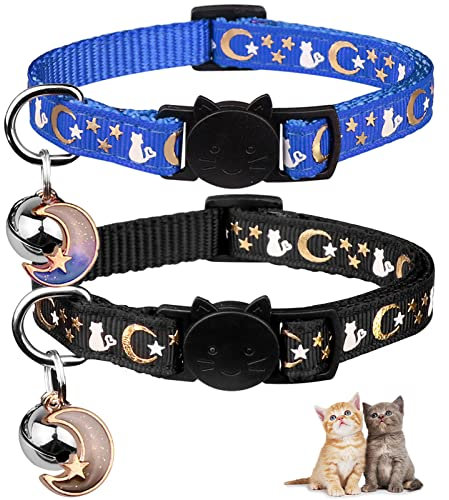 2 x Katzenhalsbänder mit Monden und Sternen, verstellbares Katzenhalsband mit nachtleuchtendem Anhänger (schwarz und blau)