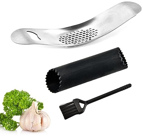 Knoblauchpresse Knoblauchschneider Rostfrei Knoblauchmühle 3-teiliges Set | WUDQIJI Edelstahl Garlic Press Ingwer Smasher Crusher mit Reinigungsbürste Knoblauchschäler einfache Handhabung und Reinigung