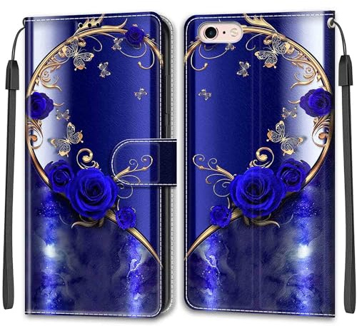 KENHONER Case for Cover iPhone 6 Plus/6s Plus, blue rose | Magnetic Closure, Card Slots, Kickstand, Shockproof Protective,Flip Cover Wallet, Lanyard