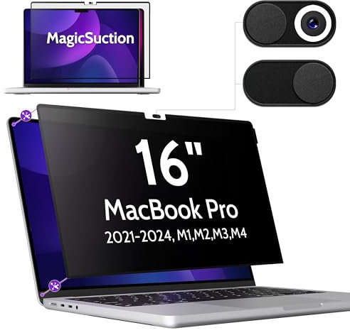 Peslv Sichtschutz für MacBook Pro 16 Zoll (2021-2023, M1, M2, M3) - A2991 A2485 A2780, MagicSuction™ Abnehmbarer Anti-Spionage-Schwarzschutz, Blend-Blaulichtfilter für Mac Laptop Computer