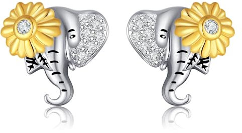 Elefanten Ohrringe 925Er Sterlingsilber Sonnenblumen Elefant Zirkonia Niedlicher Tierschmuck Geschenke Für Männer Und Frauen