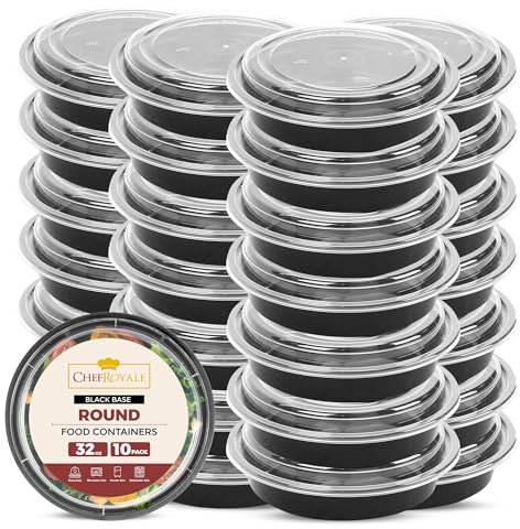 CHEF ROYALE 32oz (10 Pack) Black Base Round Meal Prep Containers Reusable Food Containers with Airtight Lids Plastic Food Containers - Microwaveable, Freezer and Dishwasher Safe