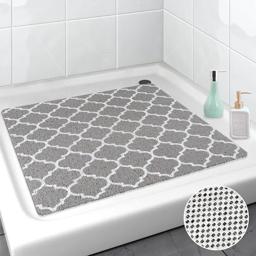ZOKBOM Square Shower Mat Non Slip Anti Mould | 60x60cm Soft Loofah Shower Mats for Inside Shower, Large Cuttable Square Bath Mat for Elderly, Quick Drying (Grey Line, 60 x 60 cm)
