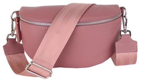 MIRROSI® Bauchtasche Damen, Echtleder, Made in Italy, Umhängetasche, Brusttasche, Crossbody Bag (1 Tasche & 2 Gurte) (Altrosa (Einfarbig), Mittelgroße Tasche (25x16x7cm))