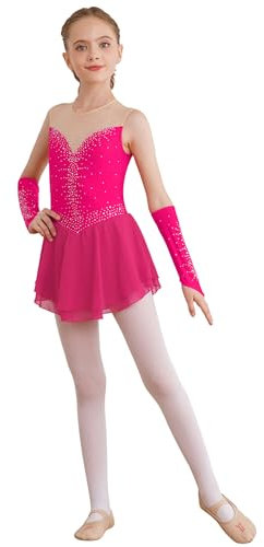 Sxiwei Kinder Mädchen Eiskunstlauf Kleid Glitzernden Strass Ballettkleid Ballett Kürkleider Ärmellose Tanzkleid mit Handschuhen Hot Pink 134-140