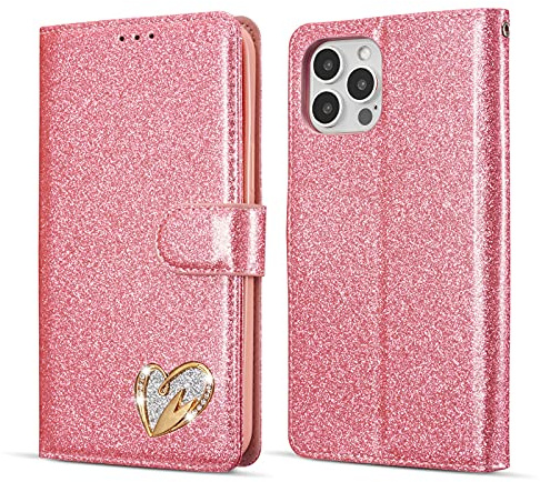 QLTYPRI Case for iPhone 16, Wallet Case Premium Glitter PU Leather TPU Bumper Card Holder [Wrist Strap] Inlaid Heart Diamond Flip Cover for iPhone 16 - Pink