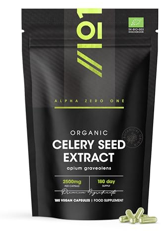 Organic Celery Seed Extract 2500mg - High Strength 10:1 Extract - 180 Vegan Capsules (6 Months Supply) - Resealable and Recyclable Pouch - By Alpha01