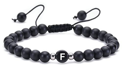 Naturstein-Perlenarmband, 6 mm schwarzes Steinarmband mit Buchstabe AZ, verstellbares Herrenarmband 17 cm