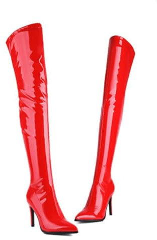 HXTYXCQ Stivali Lunghi con Tacco Alto A Spillo da Donna Stivali Alti alla Coscia in Vernice con Cerniera Laterale Punta Appuntita Stivali sopra Il Ginocchio,Rosso,40 EU