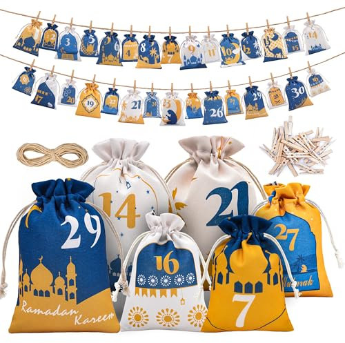 qianduoduo Ramadan Kalender,30 Stück Ramadan Kalender zum Befüllen Stoff – 2 Größen RamadanKalender Kinder Deko, Geschenktüten für Kinder und Erwachsene,Eid Mubarak Tüten, Umrah Mubarak Deko