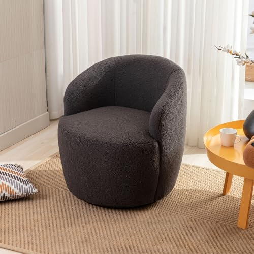 Drehbarer Teddy Sessel, Runder Boucle Swivel Chair mit 360° Drehbarer Basis, Ergonomische Rückenlehne, Kleiner Drehsessel, Bequemer Polstersessel für Wohnzimmer, Schlafzimmer (Dunkelgrau 62*63*69.5cm)