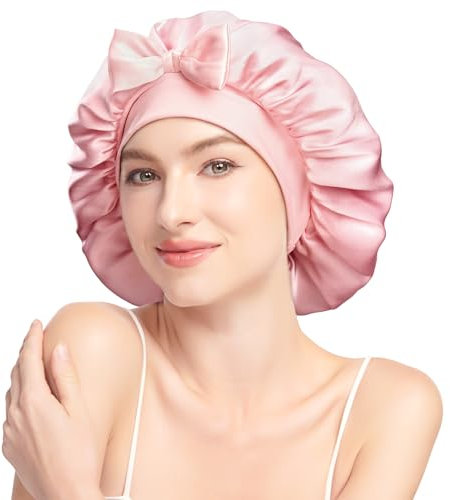 Umisleep 100 % Maulbeerseide 22 Momme große Seidenhaube zum Schlafen, doppellagig, rutschfest und atmungsaktiv, mit verstellbarem Band für lange, lockige Haare, Hellrosa