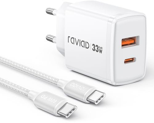RAVIAD 33W USB C Ladegerät GaN Netzteil, 2-Port [USBC + USBA] PD Schnellladegerät mit USB C Kabel 2M, USBC Stecker für iPhone 16 15 Pro Max, Galaxy S25 S24 S23 Ultra, iPad Pro, MacBook Air