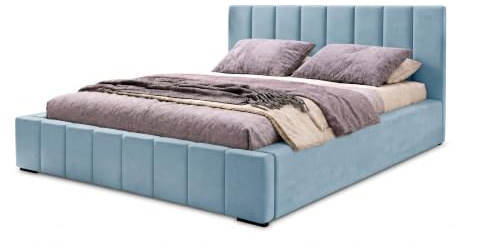 Nero Polsterbett 200x200 mit Kopfteil, Bettkasten & Lattenrost, Hellblau | Bett 200x200 großer Bettkasten, Holz-Lattenrost mit Rahmenheber, weicher Velours-Bezug, schnelle Selbstmontage