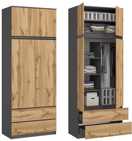 KUBUTKU Grande armoire à 4 portes, 2 tiroirs, 6 étagères et portemanteau, multi-usages, 235 x 90 x 50,5 cm, graphite, chêne Wotan