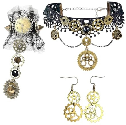 Steampunk Accessoires Damen 3-teiliges Set Gear Choker Halskette Vintage Handschuhe mit Ring Fasching Karneva Kostüm