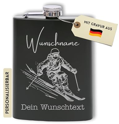 Flanacom Flachmann mit Gravur aus Edelstahl inkl. Trichter 227ml / 8oz Ski Fahrer Alkohol Geschenke für Männer Flachmann Personalisiert mit Wunschgravur (Design 2 Schwarz)