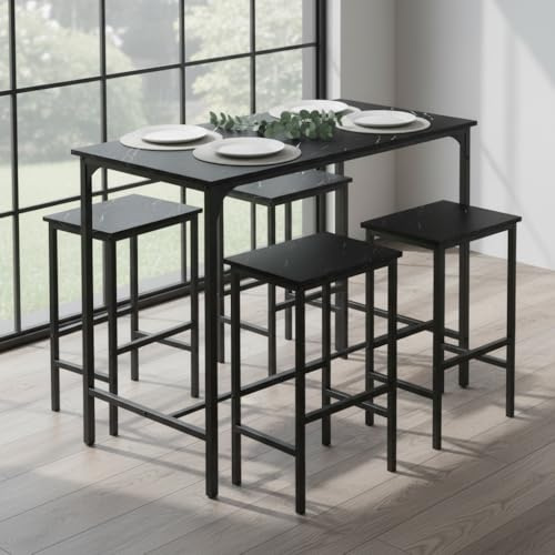 buybyroom Set tavolo da bar con sgabelli da bar e set da pranzo, in marmo nero, 100 x 60 x 90 cm