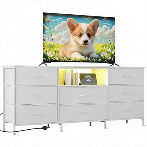 Cómoda de 8 cajones y mueble de TV moderno, 8 cajones de tela, mueble de TV con luz LED, almacenamiento espacioso para TV de 65 a 75 pulgadas, para dormitorio, salón, color blanco