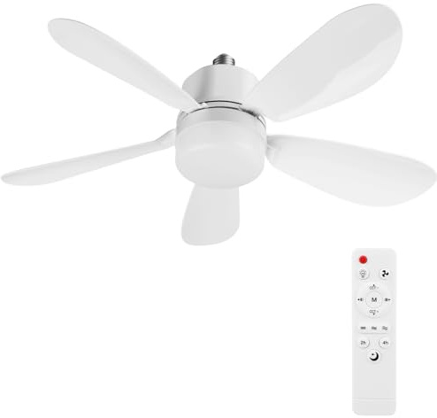 Ventilador de techo con luz y mando a distancia | 52cm Ventiladores de techo con luces casquillo E27 | Bombilla LED regulable con temporizador silencioso para dormitorio