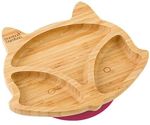 bamboo bamboo Assiette bébé et Assiette enfant, Assiette succion pour Repas et Sevrage, Assiette renard Bambou avec Succion sécurisée, pour Bébés dès 6 Mois (Renard, Cerise)