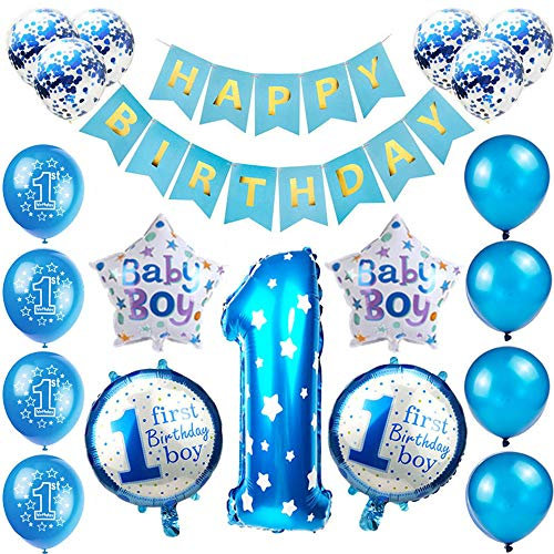 Geburtstag Kinder Deko Jungen 1 Jahr, 1. Geburtstag, Dekoration für Jungen, Deko 1 Geburtstag, 1. Geburtstag, Deko, Jungen, Happy Birthday, Banner, Luftballons, Blau, Konfetti Helium Set
