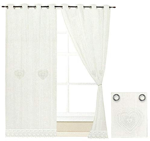 emmevi Tende Finestre Porta Interno Cuore Tessuto Lino Bianco Coppia 2 Pz Più Misure mod.TENDA PIZZO 140X290