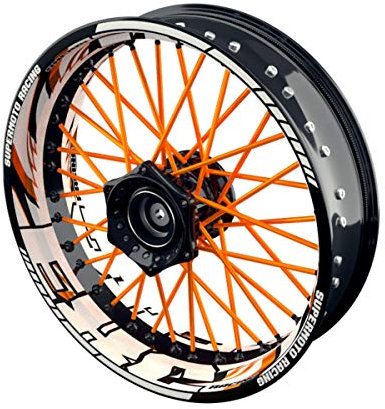 OneWheel Felgenaufkleber Motorrad passend für KTM EXC passt auf alle 17 Zoll Supermoto Felgen - Vorder- und Hinterrad beidseitig inkl. Farbiger Spokes - V4 - Felgenrandaufkleber (orange)