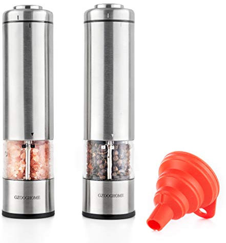 GZOOGHOME Electric Salt and Pepper Mill Grinder Set (Do Not Use Rechargeable Batteries), Battery Operated Automatic One Handed Pepper Salt Mill with Funnel and Adjustable Coarseness
