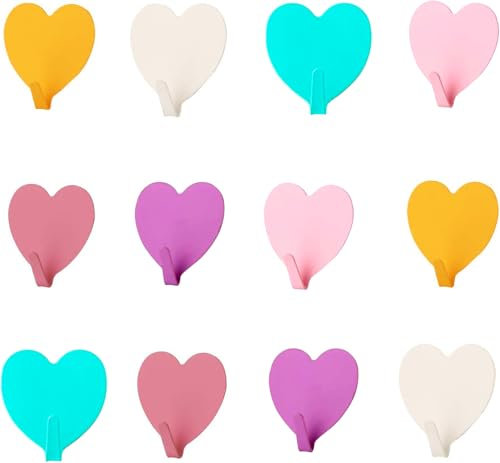 12 Pcs Adhesive Hooks Heart Shape Wall Hooks Hangers Heavy Duty Waterproof Creative Sticky Hanger Hook for Kitchen Utensils, Keys, Robe, Coat, Towel, Bags