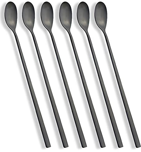 AOOSY Latte Macchiato Löffel Set, 6-teilig, 22.5 cm langem Griff Mixing Ice Cream Rührlöffel aus Edelstahl Ideal für Eiskaffee Eistee Milchshake Eisbecher kühles Trinken(Schwarz)