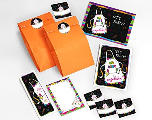 JuNa-Experten 12 Einladungskarten Kindergeburtstag Back-Party Kochen Backen incl. 12 Umschläge, 12 Tüten/orange, 12 Aufkleber, 12 Lesezeichen, 12 Blöcke