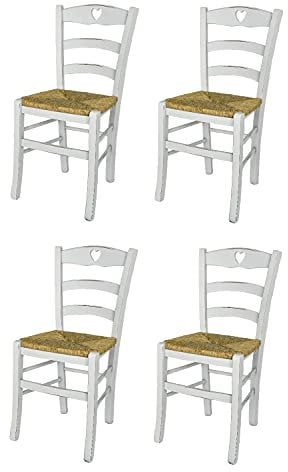t m c s Tommychairs - 4er Set Stühle Cuore für Küche und Esszimmer, Robuste Struktur aus lackiertem Buchenholz im Shabby Chic Stil, handwerklich antik behandelt und Sitzfläche aus Stroh
