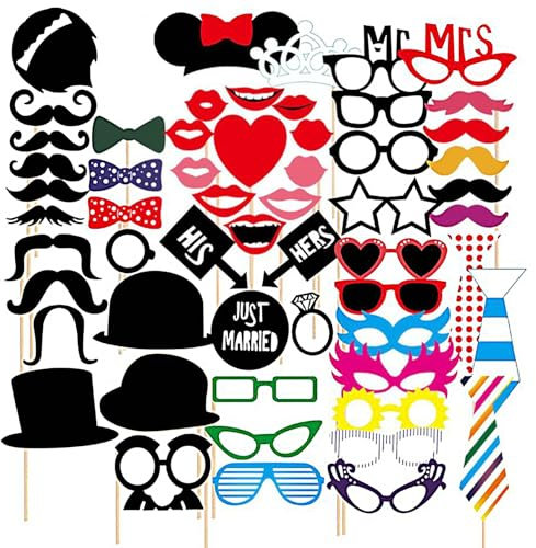 SacJkt photo booth props Bambù, Cartone, cornice selfie matrimonio, 58 pcs puntelli per foto divertenti con bastoncini e adesivi, fai da te kit festa accessori compleanno baby shower gadget