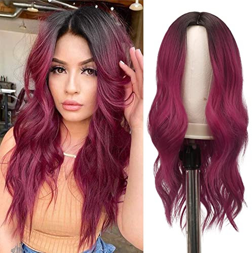 FESHFEN Lange Lockige Perücke, 55 cm Schwarz bis Rot Perücke Mittelscheitel Frauen Perücken Natürlich Synthetik Perücken Damen Locken Wavy Wig für Party Täglich