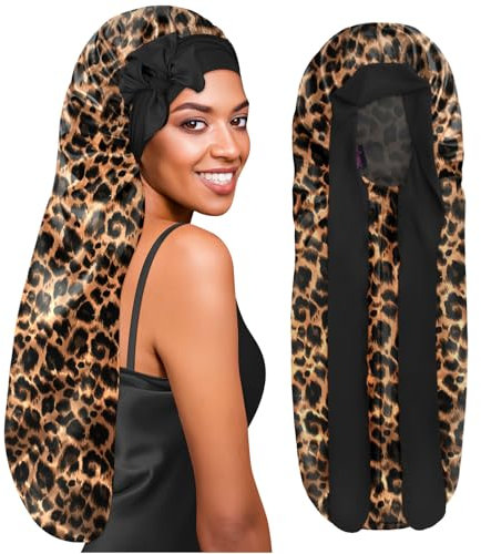 BONNET QUEEN Silk Bonnet for Sleeping Long Hair & Braids Extensions Hair, Satin Long Bonnet for Women, Adjustable Silk Scarf Night Cap with Tie Band, Leopard