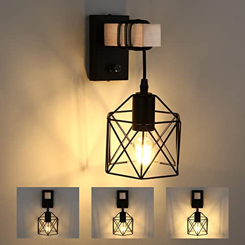 Glighone Industrial Wall Lights with Switch Bedroom Wall Lights Dimmable Wall Lamp Black Retro E27 Cage Wall Sconce Indoor Wall Light for Living Room, Hallway, Bedroom, Stairs (1 Pack)