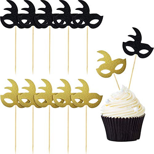 diyfixlcd 120 Pieces Masquerade Masks Cupcake Topper Glitter Mask Cake Topper Picks Dessert Cupcake Toppers for Masquerade Mardi Gras Party Baby Shower Birthday Party Decorations (Gold and Black)