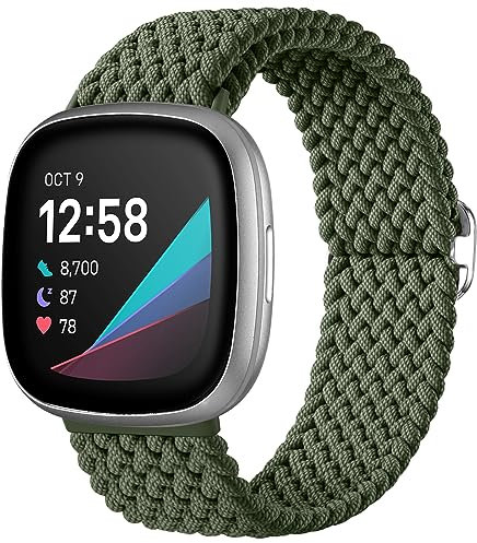 Ouwegaga Geflochtene Armband Kompatibel mit Fitbit Versa 4/Sense 2/Versa 3/Sense Armband für Herren Damen, Verstellbares Elastisch Nylon Uhrenarmband Loop Sport Ersatzarmbänder für Versa 3/Sense, Grün