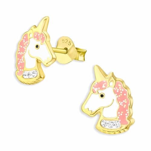 Monkimau Glitzer Einhorn Ohrstecker Ohrringe aus 925 Silber Schmuck Silberohrringe Medizinisch für Kinder Mädchen Damen Frauen Gold plattiert