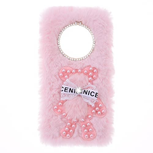 YKTO Peluche Fausse Fourrure Coque LG V40 ThinQ Filles Shiny Pearl Fluffy Soft Girly Case Fluffy Coque Lapinr Peluche Fausse Fourrure étui pour téléphone LG V40 ThinQ,Ours Perle Rose