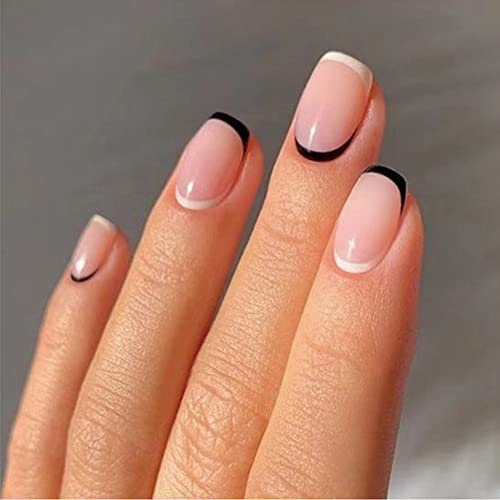 24PCS Short False Nails with Glue Stickers,Coffin Full Cover Acrylic and Press on Nails no Glue,White & Black French Fake Nails Stick for Women and Girls Nail Art.
