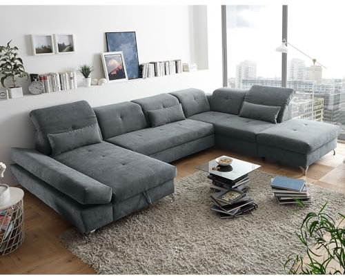 Wohnlandschaft mit verstellbaren Kopfstützen und Schlaffunktion in Mikrovelours anthrazit | Sofa in U-Form mit Bettkasten rechts