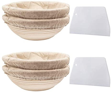 KVSERT Rundes Set, 4 Körbe für Brot und Brotteig, Banneton Gärkorb mit Leineneinsätzen, Teigschaber-Set rund